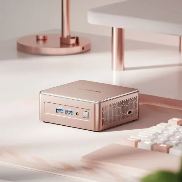 Mini PC Geekom A5 en color rosado metálico.