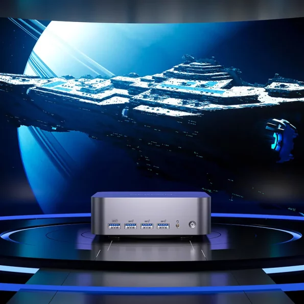 Mini PC Geekom GT1 Mega con diseño futurista e iluminación LED.